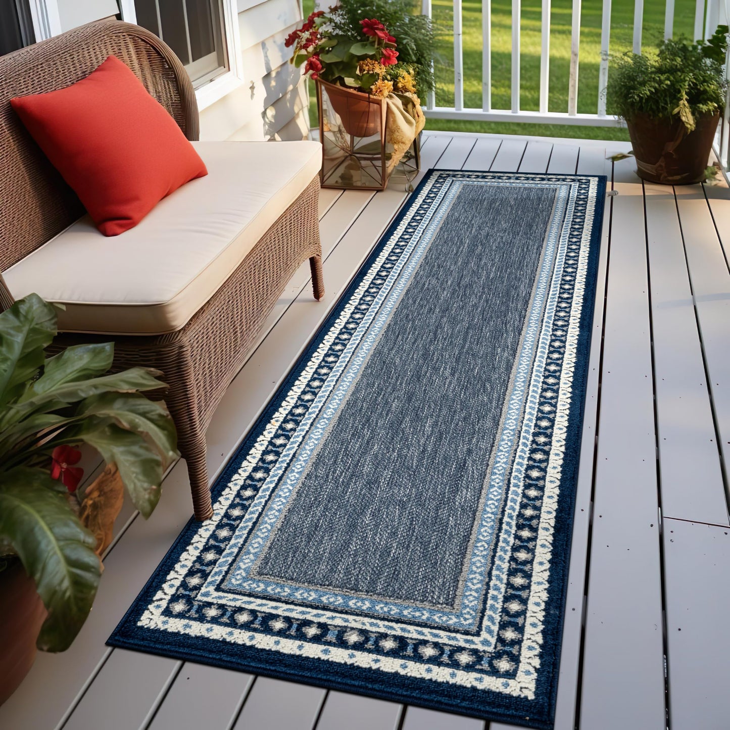 Rugshop Indoor/Outdoor High-Low Textured Runner Rug, Coastal Border, Easy-Clean Patio Rug for Porch Deck Balcony 2' x 7' Navy