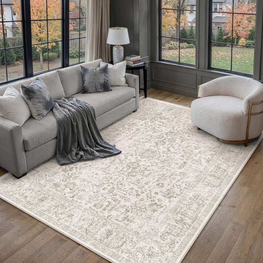 PureCozy 5x7 Washable Area Rug Beige Grey Vintage Large Carpet for Living Room Non-Slip Low Pile Retro Floral Farmhouse Accent Throw Rugs for Bedroom Office Nursery Dorm Dining Room