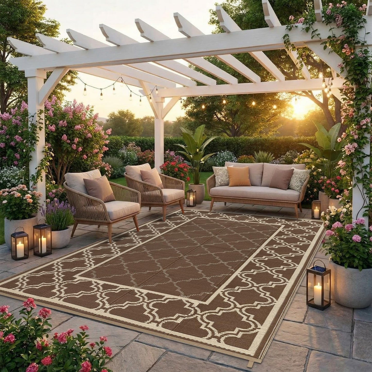 Garvee Reversible Outdoor Rug 8x10, Waterproof Outdoor Plastic Straw Rug with Interlacing Pattern, RV Mat for Picnics, Patio, Camping, Balcony, Deck, Backyard, Porch, Brown