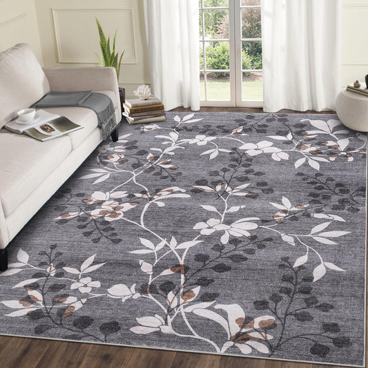 Garvee 5x7 Washable Living Room Rugs, Non Slip Bedroom Rugs, Large Floral Print Throw Carpet for Dining Room, Soft Low Pile Botanical Home Decor Rug for Nursery Home Office, Grey