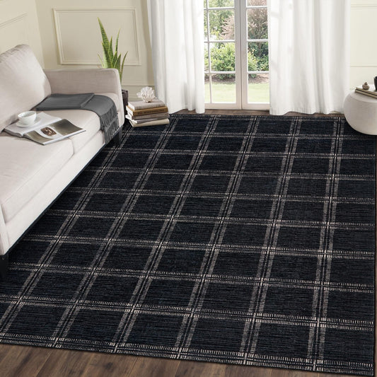 MilleLoom Washable Black Checkered 5x7 Area Rug, Ultra Thin Soft Non Slip Geometric Living Room Bedroom Rugs, Low Pile Stain Resistant Indoor Modern Throw Carpet for Dining Room Office