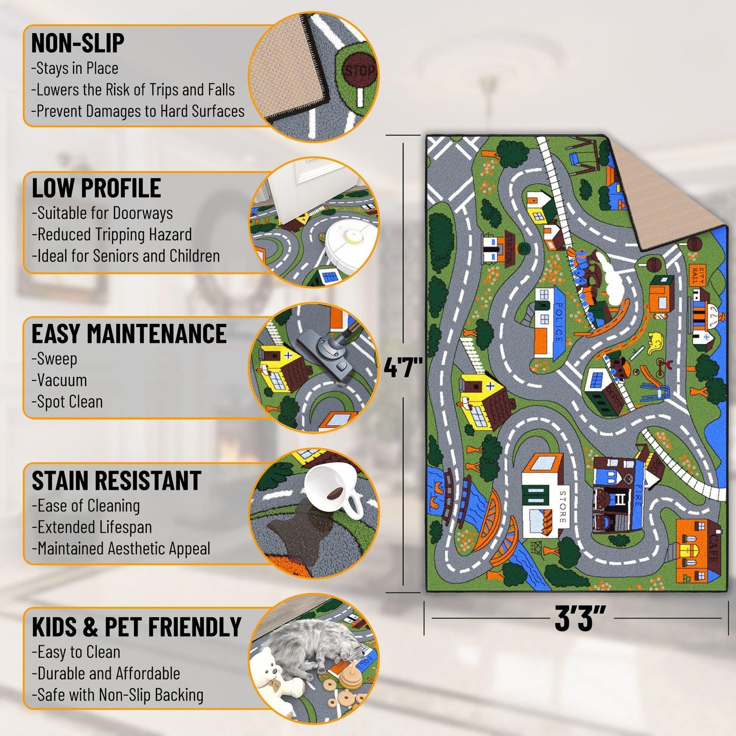 Ottomanson 3'3" x 4'7" Kids Road Map Rug - Interactive City Traffic Play Mat for Toy Cars - Perfect for Playroom, Bedroom, Daycare & Classroom - Durable & Non-Slip for High-Traffic Areas, Multicolor
