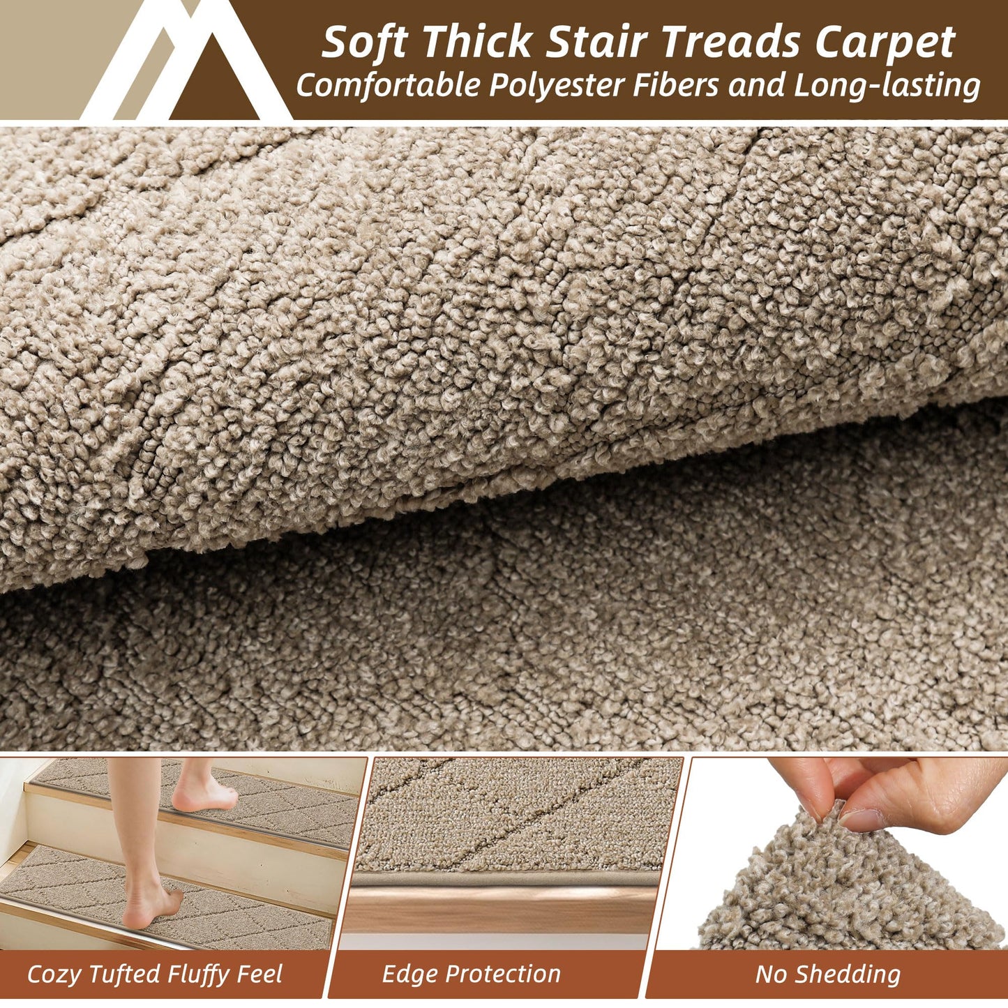 COSY HOMEER Edging Stair Treads Non-Slip Carpet Mat 28inX9in Indoor Stair Runners for Wooden Steps, Edging Stair Rugs for Kids and Dogs, 100% Polyester TPE Backing(4pc, Beige)
