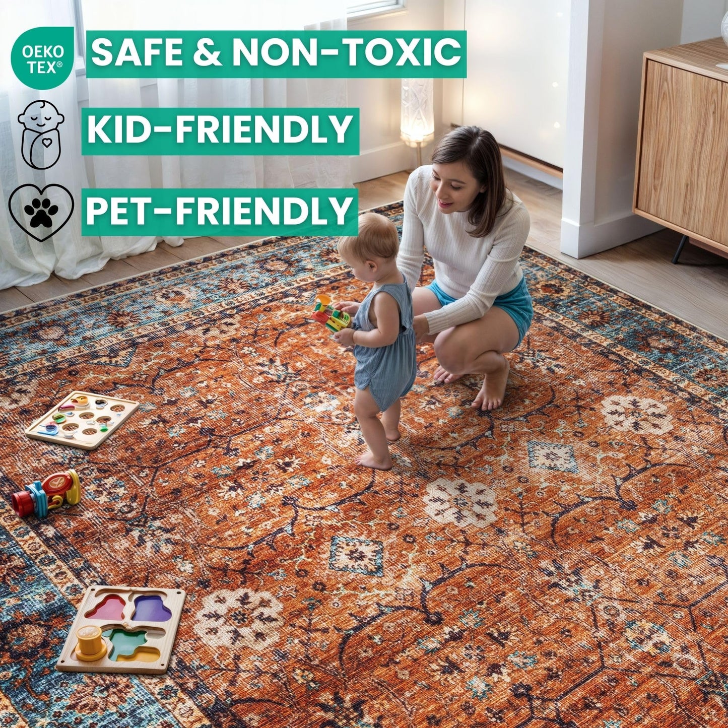 Bloom Rugs Washable Non-Slip 5' x 7' Rug - Orange/Teal Blue Traditional Bordered Area Rug for Living Room, Bedroom, Dining Room, and Kitchen - Exact Size: 5' x 7'