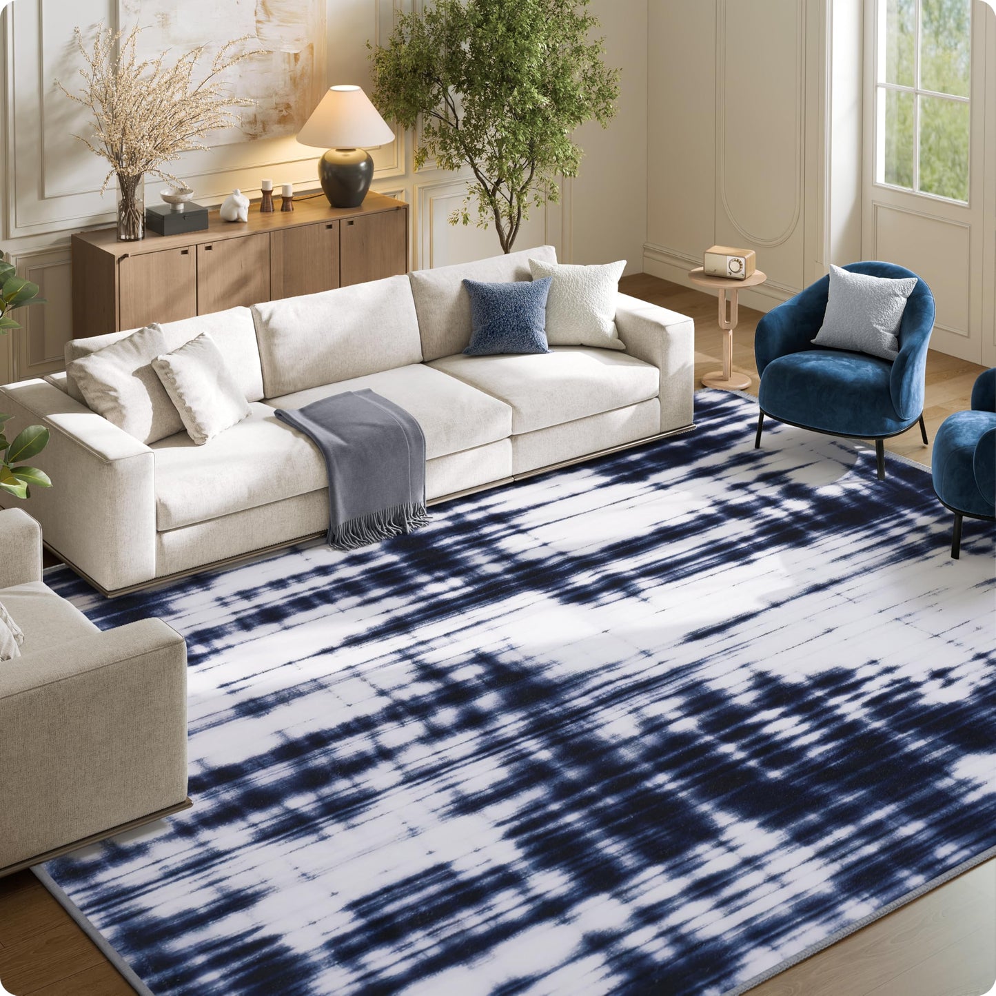 Clemile Modern Area Rug 8x10 - Non-Slip Washable Rug Living Room Carpets - Soft & Stain Resistant Rug for Home Bedroom Dining Room Home Office Indoor Nursery Blue and White