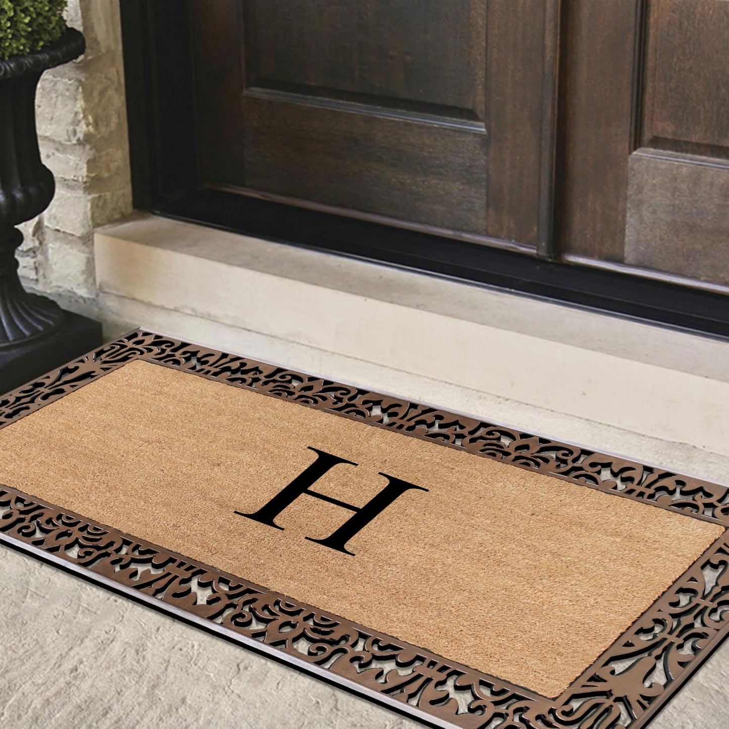 A1HC Natural Coir Doormat for Outside Entrance, Anti-Shed Treated Front Door Mat 30" x 60", Long Lasting Front Porch Entry Matt Monogrammed - H (Plain Bronze)