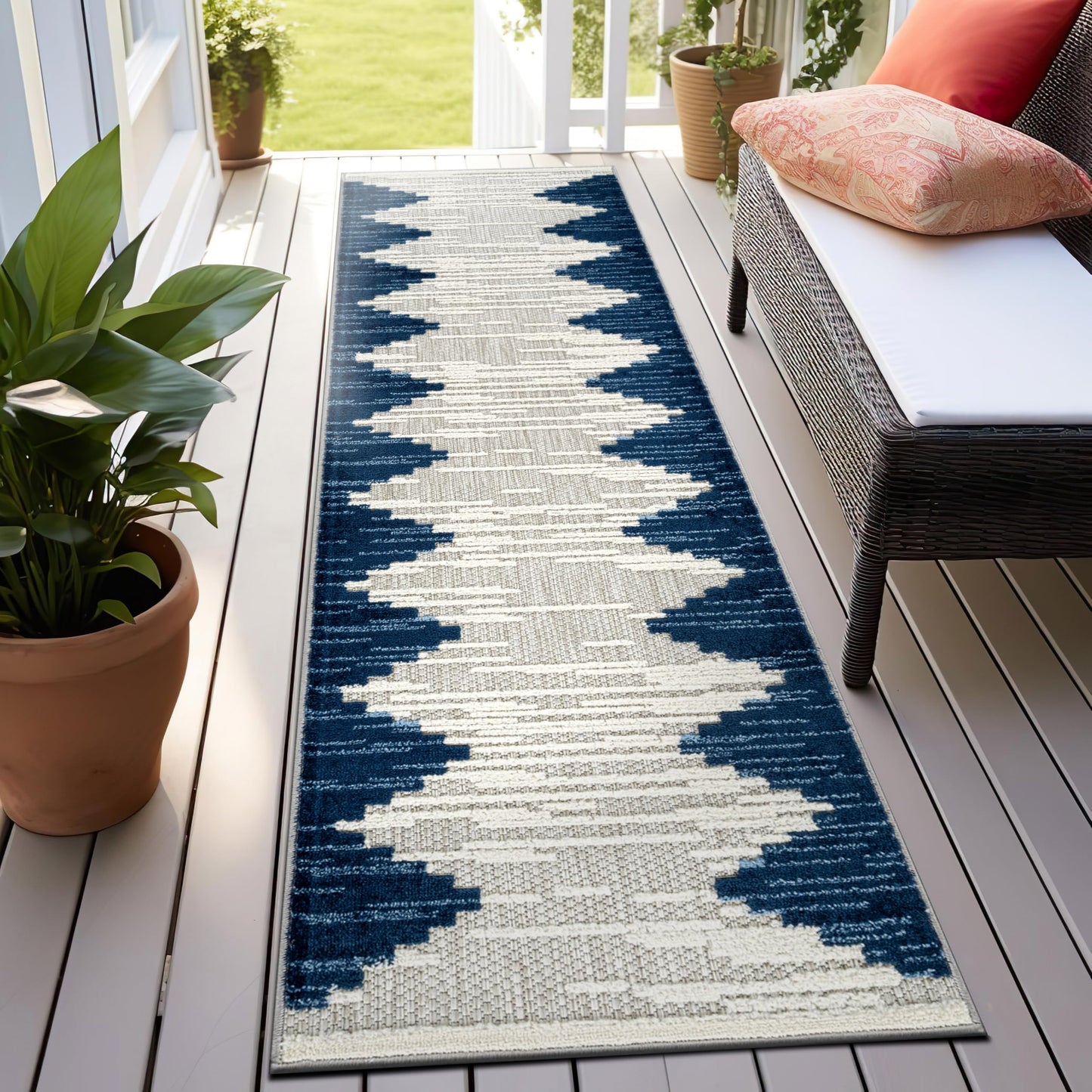 Rugshop Indoor/Outdoor High-Low Textured Runner Rug, Geometric Bohemian, Easy-Clean Patio Rug for Porch Deck Balcony 2' x 7' Dark Blue