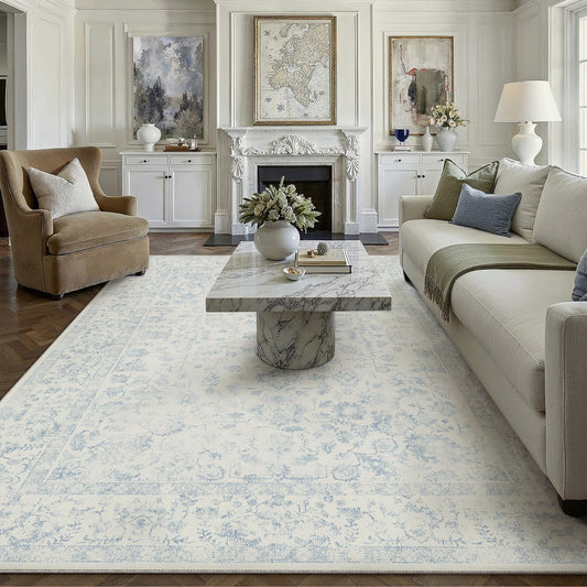 PureCozy 8x10 Blue Area Rug Non Slip Large Vintage Living Room Distressed Machine Washable Carpet Traditional Indoor Bedroom Blue Retro Floral Accent Throw Rug for Office Kitchen Dorm Dining Room