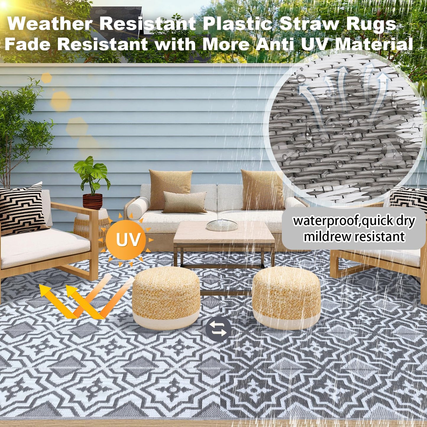 Alfolo Outdoor Rug 9x12 for Patios Clearance,Outdoor Plastic Straw Rug,Waterproof Camping Rugs for Outside Your Rv, Deck, Porch,Beach,Picnic,Pool Grey Recyclable,Easy Cleaning Outside Mats with a Bag