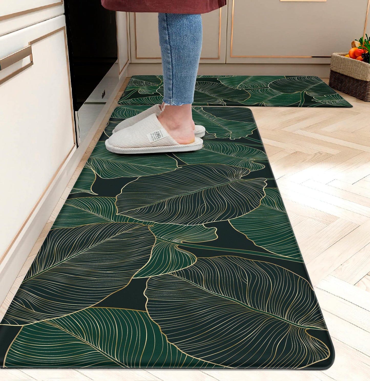 chiinvent Kitchen Mats for Floor Cushioned Anti Fatigue Mats for Kitchen Green Kitchen Floor Mat Memory Foam Boho Kitchen Rugs Luxury Runner Rugs Sets of 2, 17.3x28 + 17.3x47, 0.4 inches