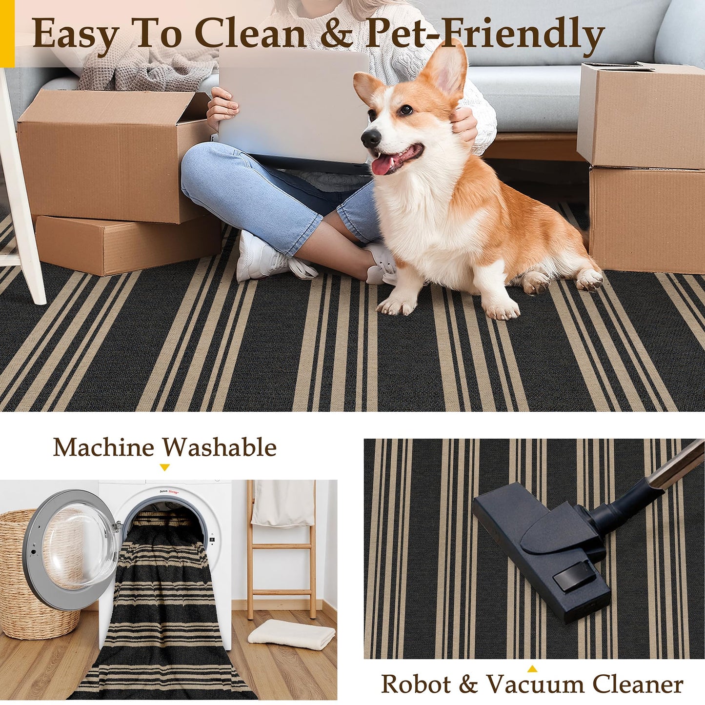 PureCozy Striped Easy Jute Rug 3x5 Black Entryway Carpet Washable Non Slip Office Door Mat Farmhouse Neutral Non Shedding Small Indoor Outdoor Rug for Bathroom Kitchen Bedroom Living Room