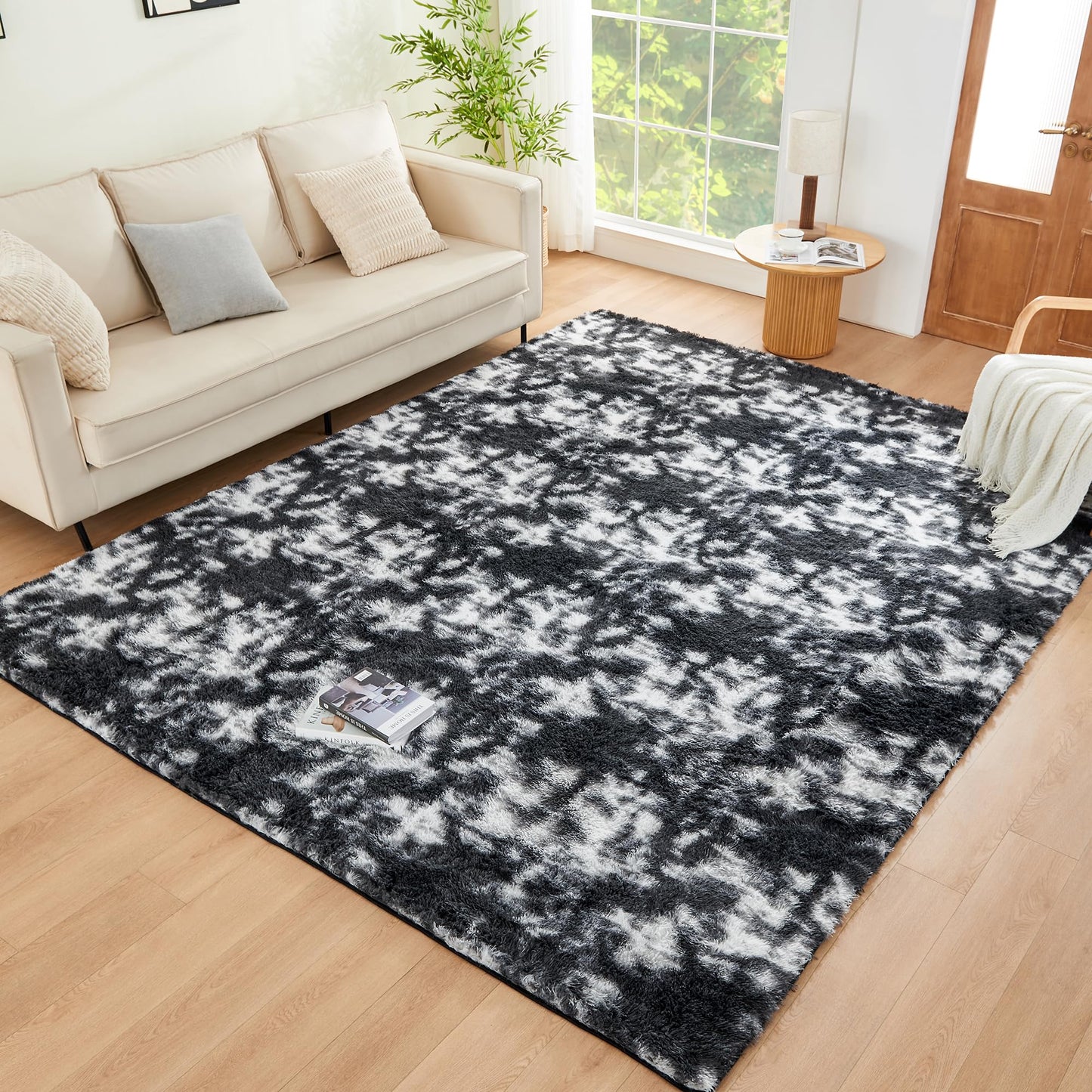 Litanika 6x9 Fluffy Shag Faux Fur Area Rug for Living Room Bedroom, Tie-Dyed Black White High Pile Soft Plush Shaggy Furry Bedside Playroom Dorm Carpet, Non-Slip, Non-Shedding Modern Indoor Floor Rug