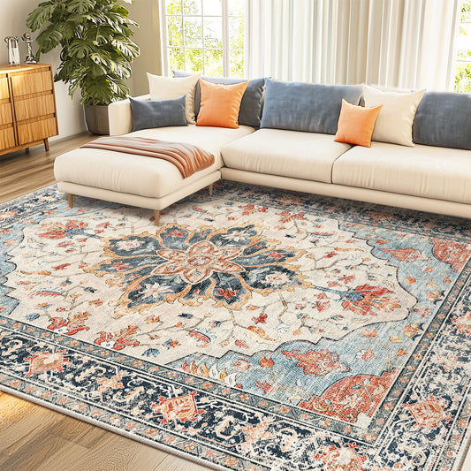 RELEANY Area Rugs 8'x10' Washable Non-Slip, Floral Vintage Distress Medallion Carpet for Living Room Bedroom Dining Room, Beige Navy Blue Orange Colorful