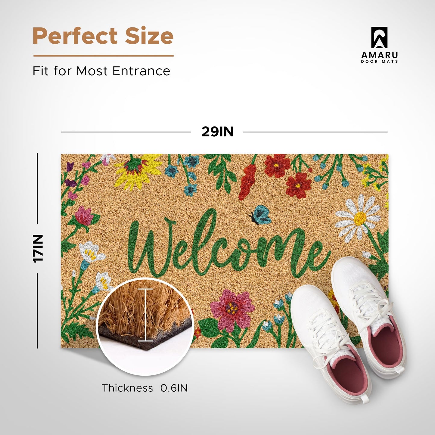 AMARU DOOR MATS - Coir Welcome Mat, Non-Slip, Floral, 17 x 29 in