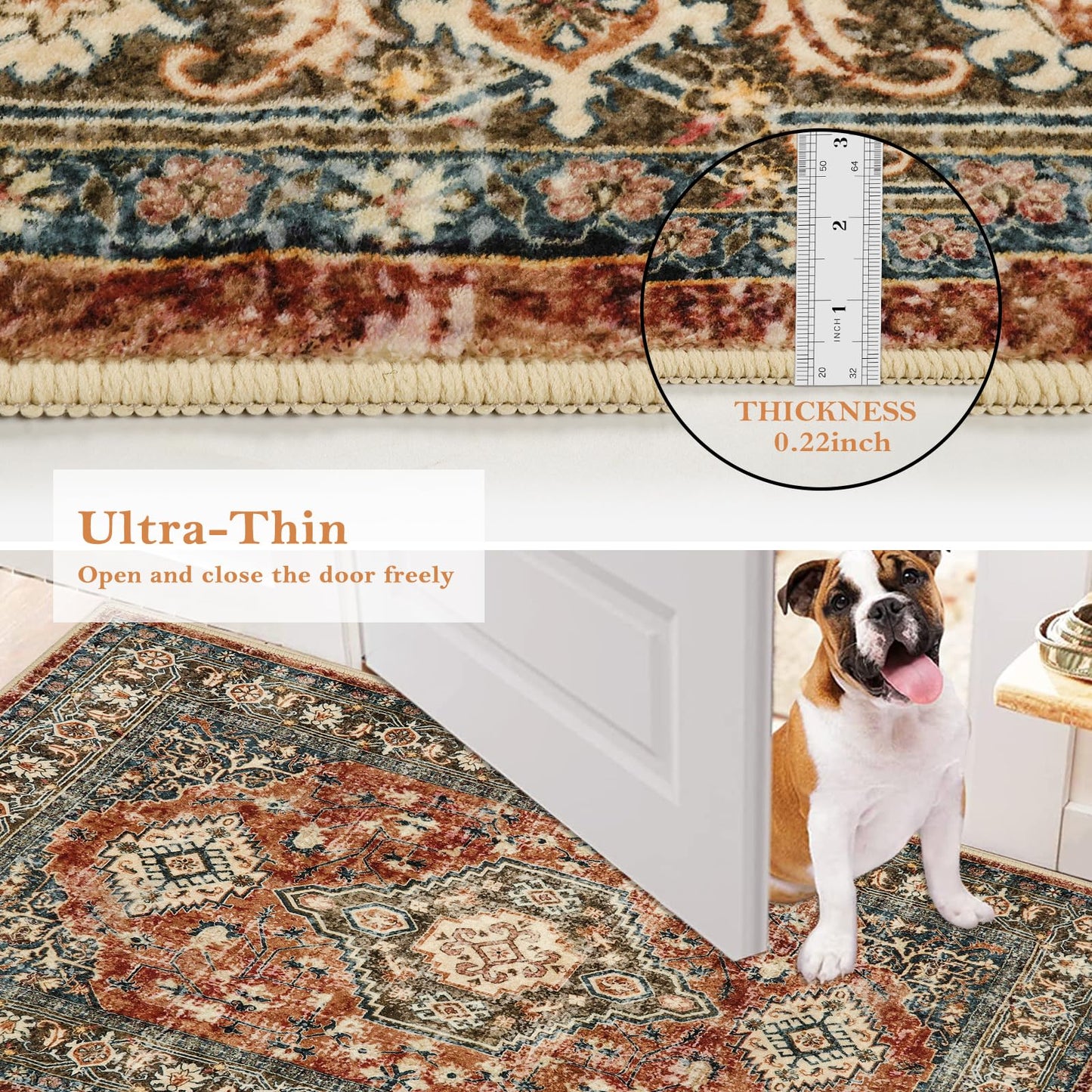 Lahome Oriental Washable Small Area Rug, 2x3 Rugs for Entryway Kitchen, Ultra-Thin Soft Indoor Door Mat Non Slip Throw Carpet for Bedroom Bathroom Eleanor, Brick Red