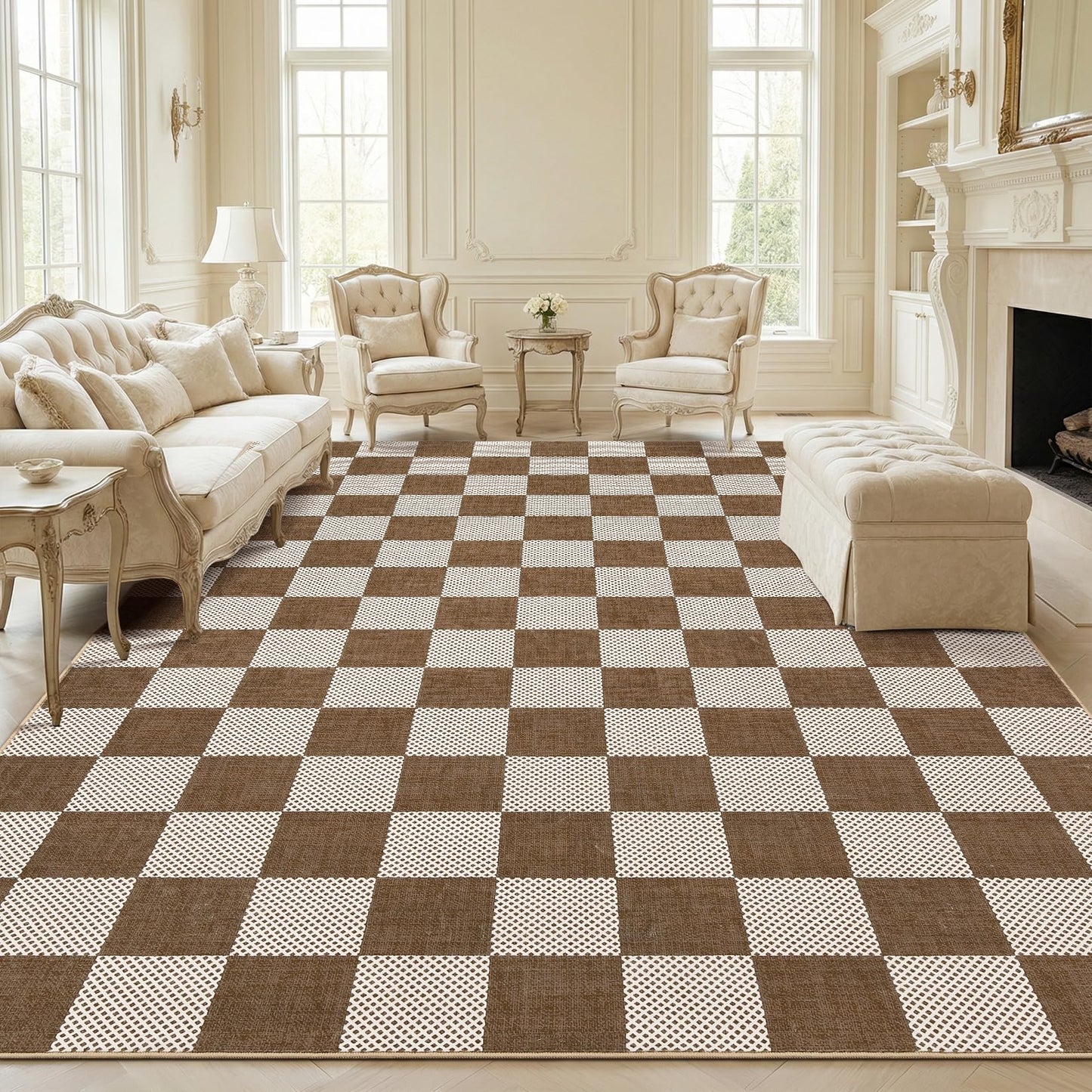 GarveeHome Checkered Terracotta Brown 8x10 Area Rugs for Living Room Geometric Diamond Dot Modern Neutral Boho Soft Low-Pile Large Rug for Bedroom Nursery Living Room Entryway Non-Slip TPE Backing