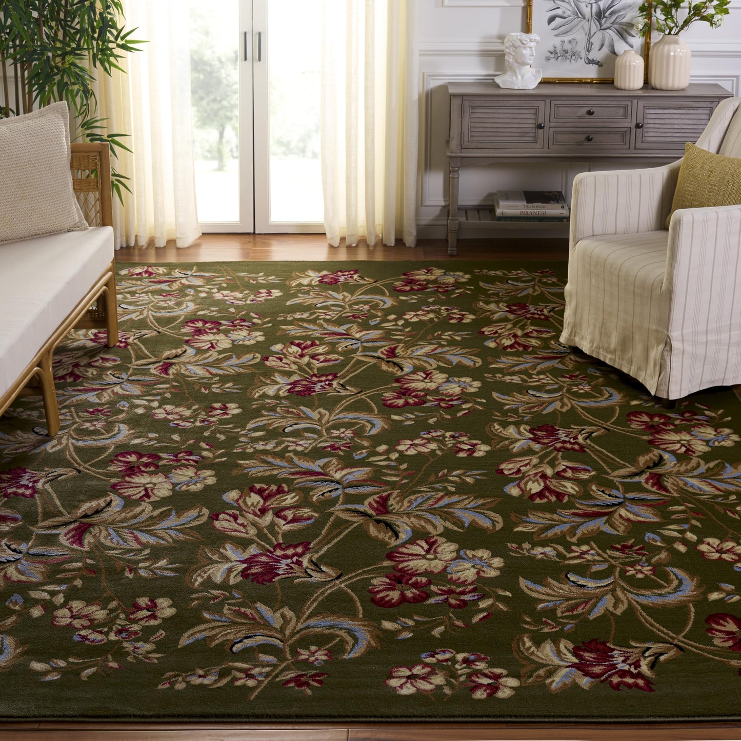 SAFAVIEH Lyndhurst Collection Area Rug - 9' x 12', Sage, Traditional Floral Design, Non-Shedding & Easy Care, Ideal for High Traffic Areas in Living Room, Bedroom (LNH326B)