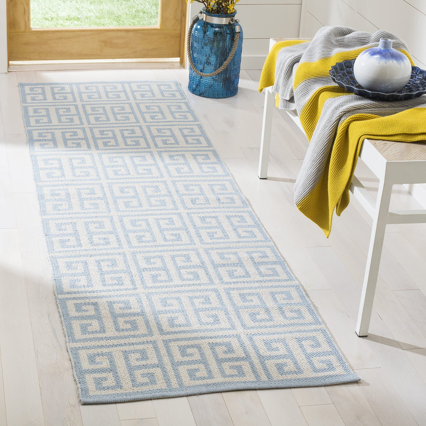 SAFAVIEH Montauk Collection Runner Rug - 2'3" x 7', Light Blue & Ivory, Handmade Greek Key Cotton, Ideal for High Traffic Areas in Living Room, Bedroom (MTK724K)