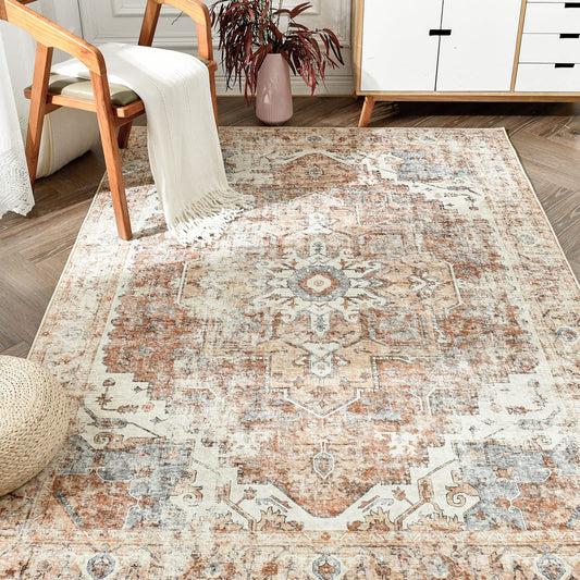 jinchan Area Rug 3x5 Washable Entryway Rug Vintage Indoor Doormat Distressed Thin Mat Lightweight Non-Slip Stain Resistant Low Pile Carpet for Kitchen Living Room Bedroom Dining Room Office Brick Red