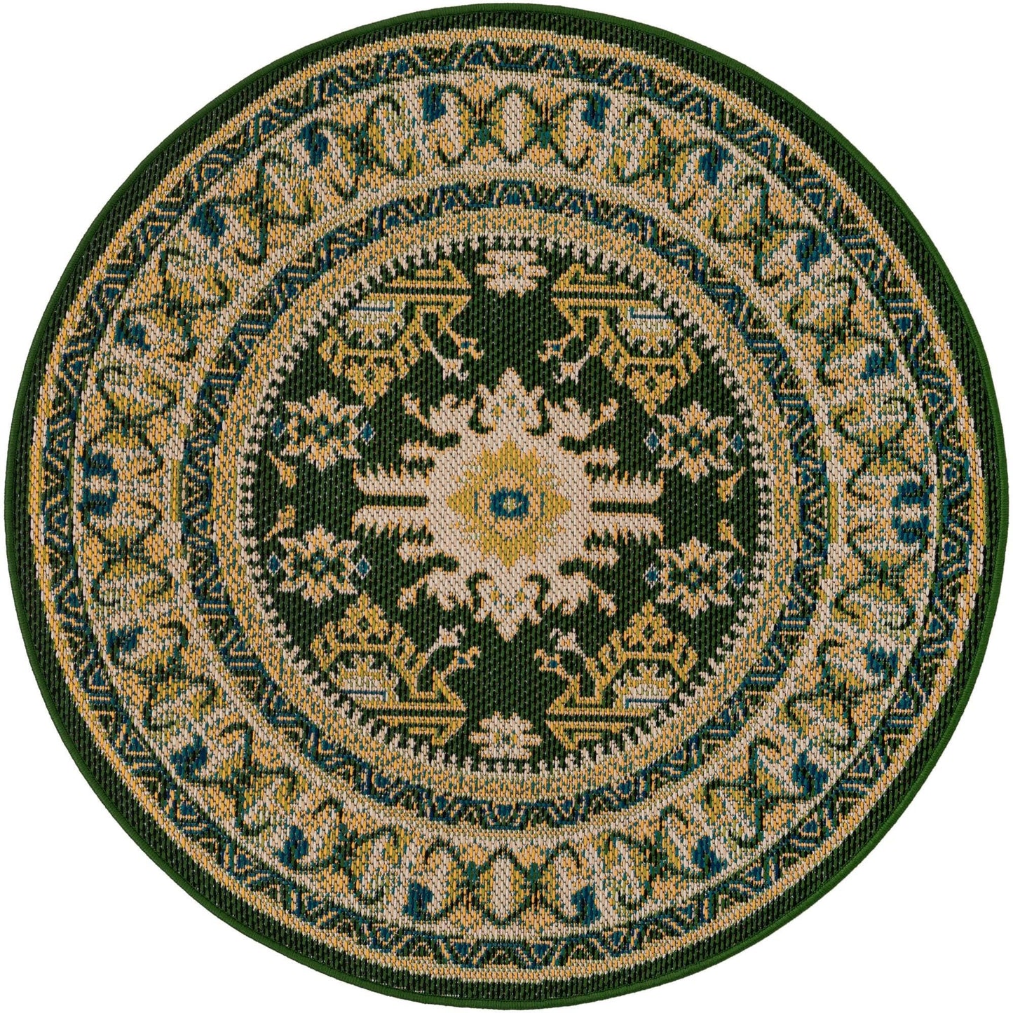 Rugs.com Baja Outdoor Collection Rug – 4 Ft Round Green Medium-Pile Rug Perfect for Kitchens, Dining Rooms