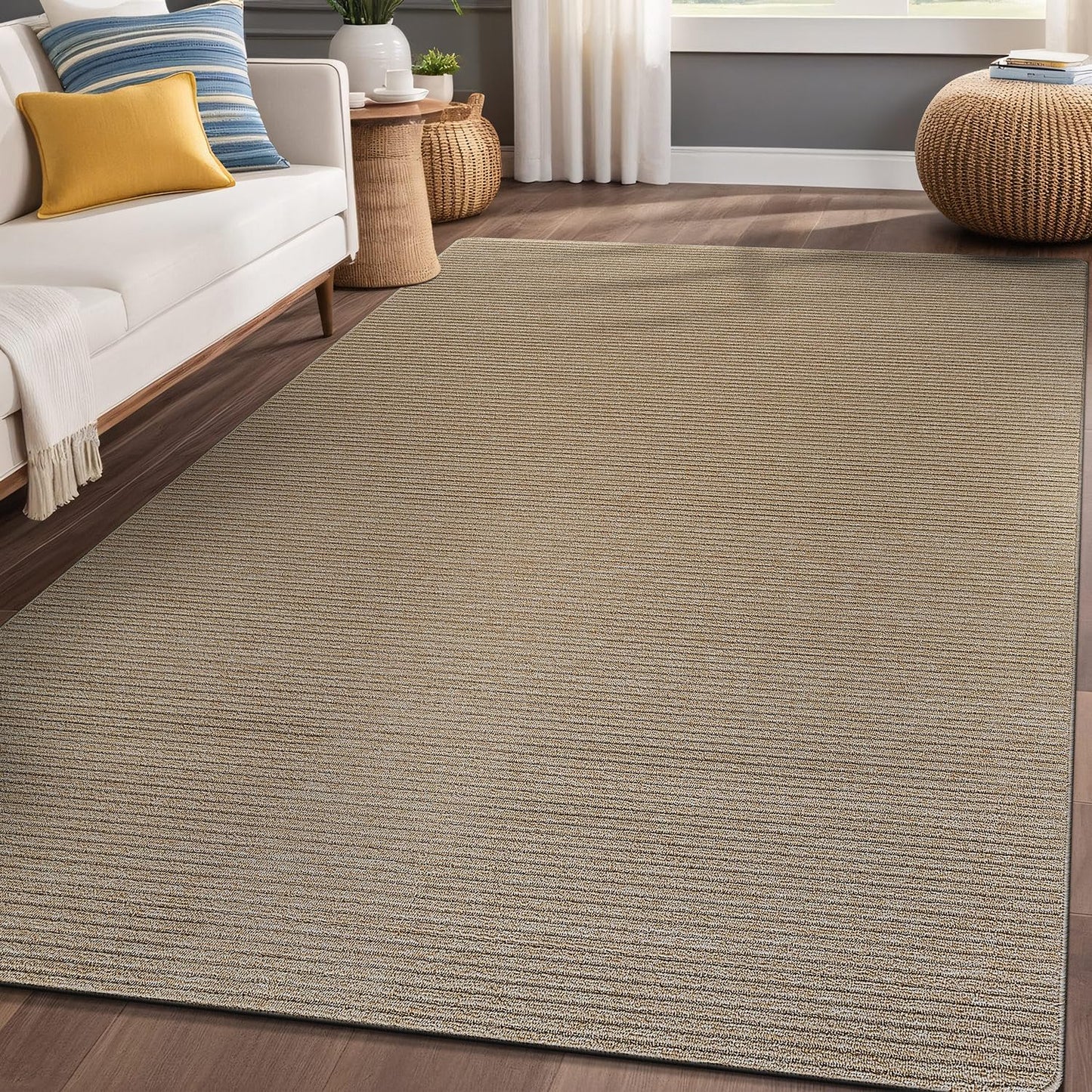 Luul Home Non Slip Beige Solid Rubber Back Thin Rug for Living Room 4x6 Area Rugs for Kitchen, Rugs for Bedroom, Stain Resistant Easy Cleaning Non Shedding Carpet Beige 4 x 6
