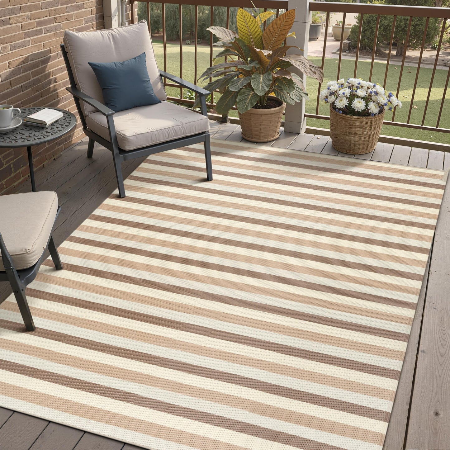 PureCozy Outdoor Waterproof Patio Rug 5x8 Plastic Straw Reversible Outside Beige Striped Carpet Lightweight Large Rug for Camping RV Porch Deck Balcony Beach