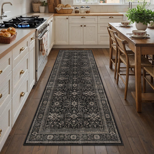 Schweek Washable Runner Rug 2.6x8 Non Slip Vintage Black Floral Kitchen Runners, Neutral Distressed Soft Low Pile Runner Rug for Hallway, Laundry Room, Bedroom Living Room Indoor Floor Runners