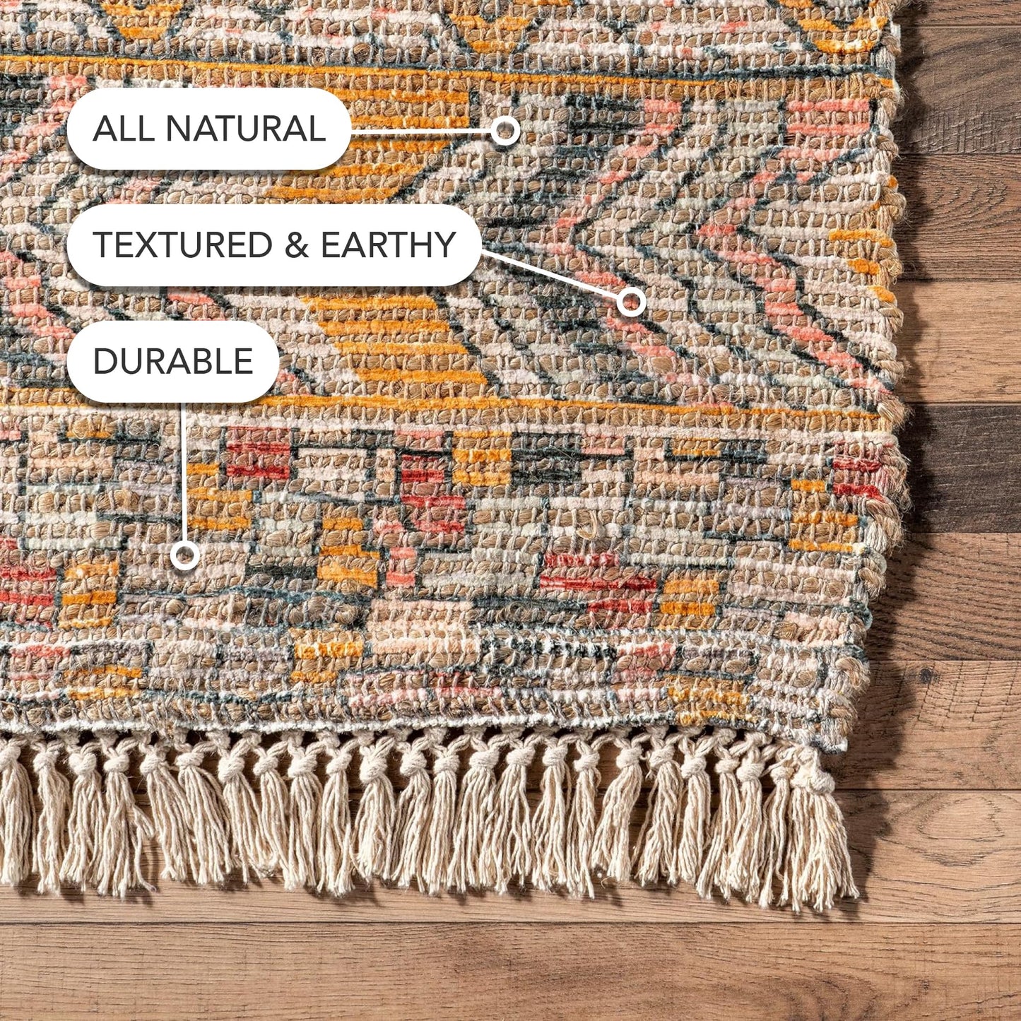 Nuloom Hermina Multicolor/Ivory, 5' x 8', Handmade, Jute, Tribal, Tasseled, Soft and Textured, High Traffic, Stain Resistant, Easy Clean, Durable Runner for Bedroom, Living Room, Dining, Foyer
