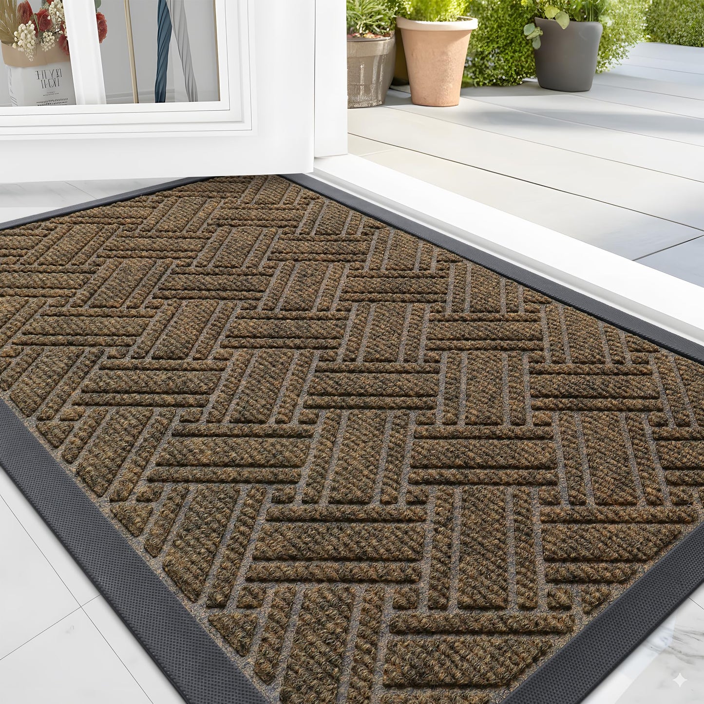 OLANLY Indoor Outdoor Mat, Sturdy Natural Rubber Floor Mat, Non Slip Low Profile Waterproof Doormat, and Stain Front Door Mats, Easy Clean Patio Entrance Mat, 48''x32'', Brown