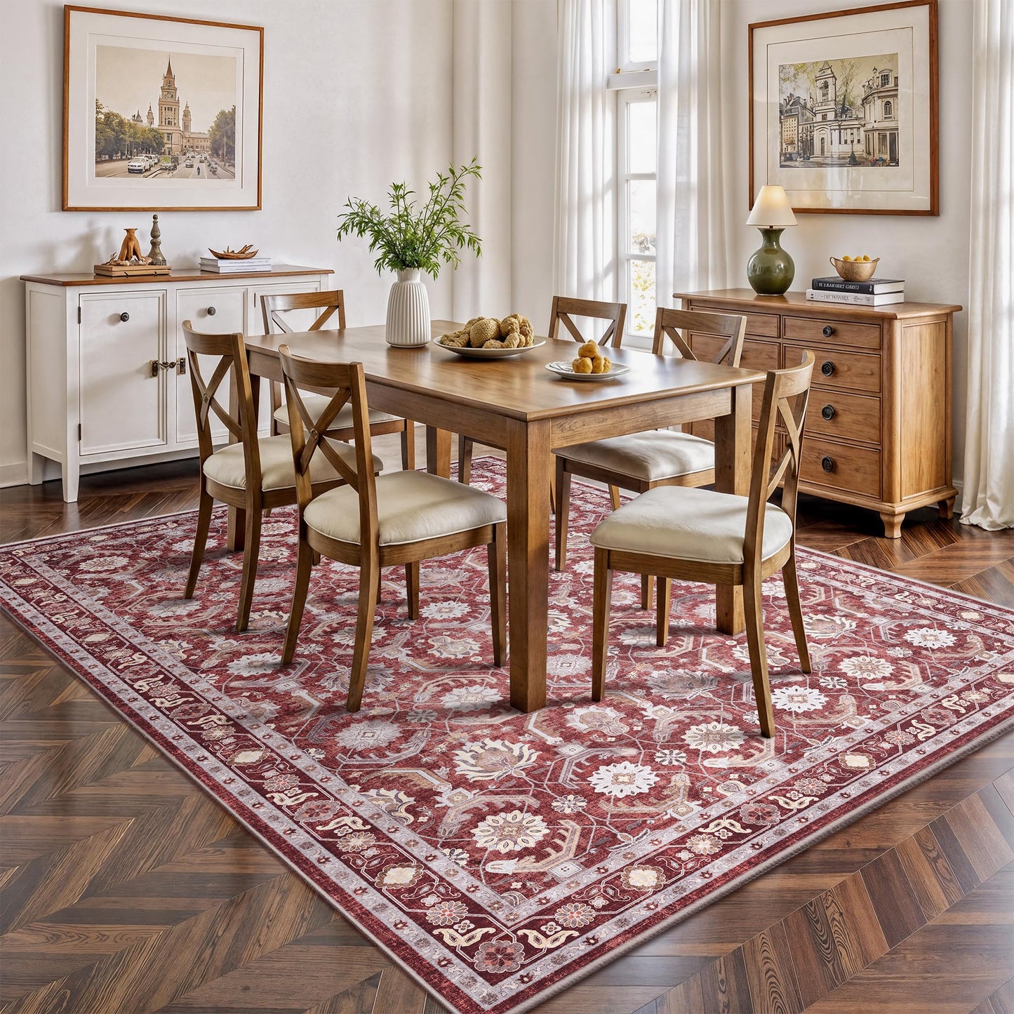 Woodbruy 5x7 Area Rugs, Soft Non Slip Low Pile Washable Rug, Boho Modern Rug for Living Room, Bedroom, Dining Room, Red