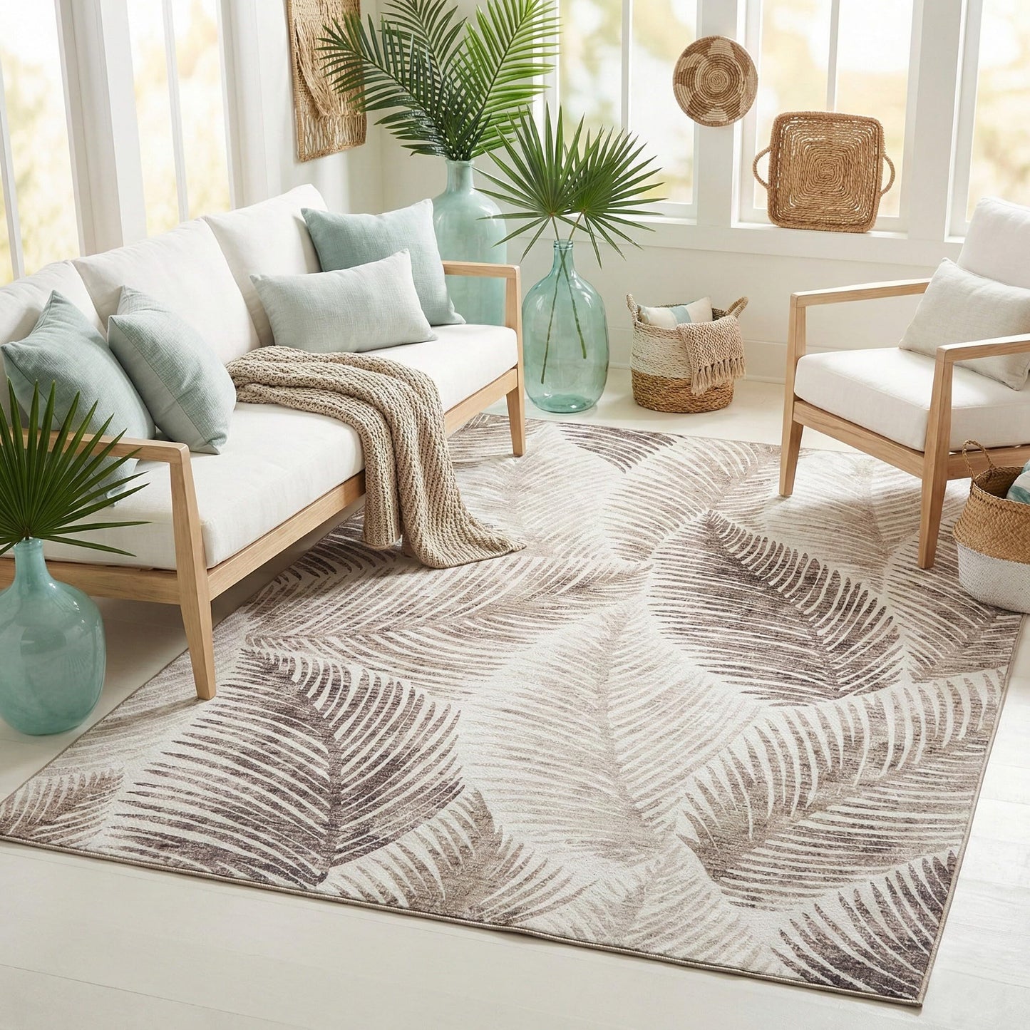 ReaLife Rugs Machine Washable Indoor Outdoor - Mat Rug Foldable Printed Thin Lightweight Cushioned Fade Resistant Patio Deck Dock Porch Pool Balcony Camping - Zoey - Beige 5' x 7'