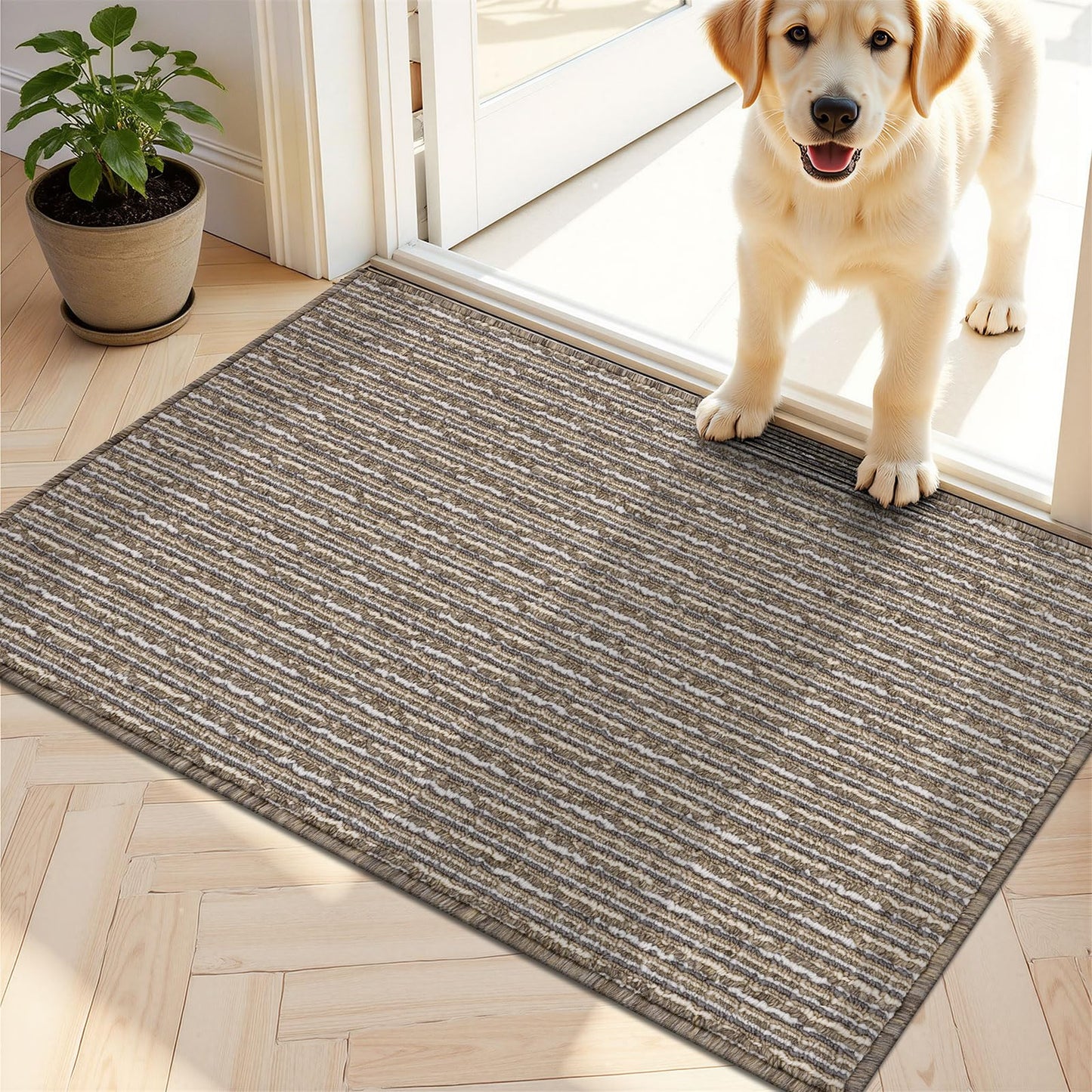 Ileading Door Mat 24"x36" Non-Slip Washable, Super Absorbent Stain Resistant Friendly Muddy Paws Welcome Mat, Entryway Mat for Entrance Bath Laundry, Beige