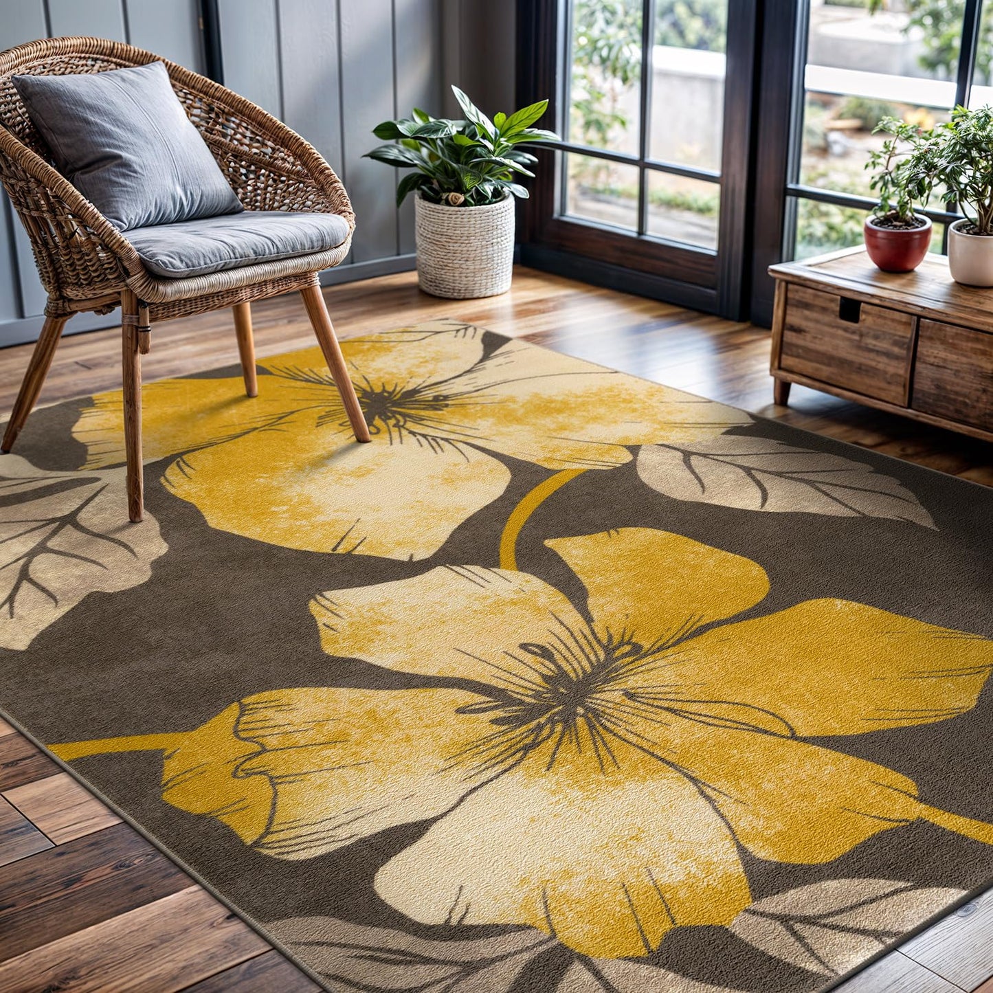CAMILSON Solana Modern Floral 6'7" x 9'0" Area Rugs Non-Skid (Non-Slip) Rubber Backing Yellow Brown Flowers Indoor Rug (6x9, Floral - Yellow/Brown)