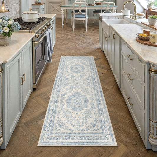 HUGEAR 2x6 Blue Hallway Rugs Machine Washable Runner Rug Area Rug Room Decor Vintage Distressed Non Slip Rugs Low Pile Carpet for Kitchen Laundry Living Soft Lightweight