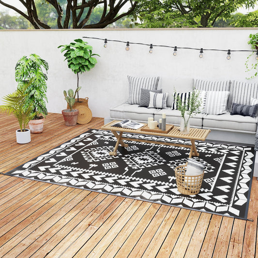 Outsunny Outdoor Rug for Patio, 8' x 10' Waterproof Large Mat, Reversible Plastic Straw Rug for Decor, Portable Outside RV Camping Area Carpet Mat for Backyard Porch Deck Picnic, Black & White Rhombus