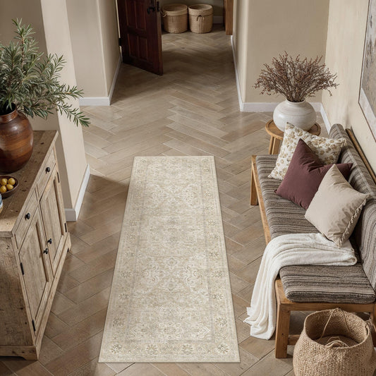 HUGEAR 2x6 Runner Rug Washable Beige Hallway Bedroom Living Room Rug Vintage Soft Carpet Rug Non-Shedding & Non-Slip Indoor Home Decor Dining Laundry Room Kitchen Floor Mat