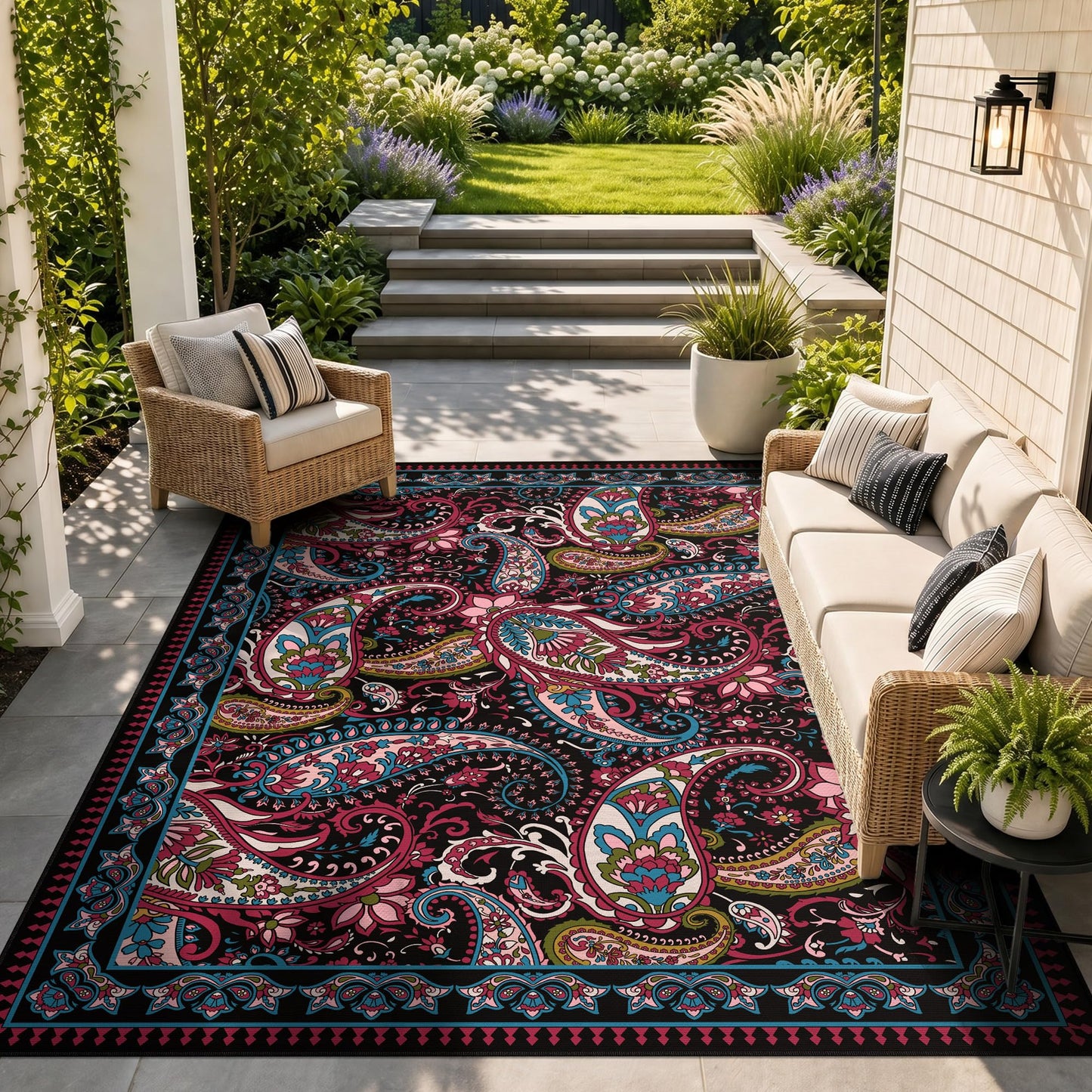 Arenarug Paisley Outdoor Rug Waterproof 4x6, UV Resistant Non Slip Patio Rug, Indoor Outdoor Boho Camping Rug Linen-Look RV Carpet for Deck Balcony Backyard, Magenta‌