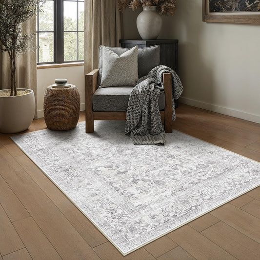 PureCozy 4x6 Area Rug Non Slip Vintage Office Entryway Rug Distressed Washable Kitchen Carpet Traditional Retro Floral Accent Throw Door Mat for Bedroom Bathroom Dining Living Room,Grey