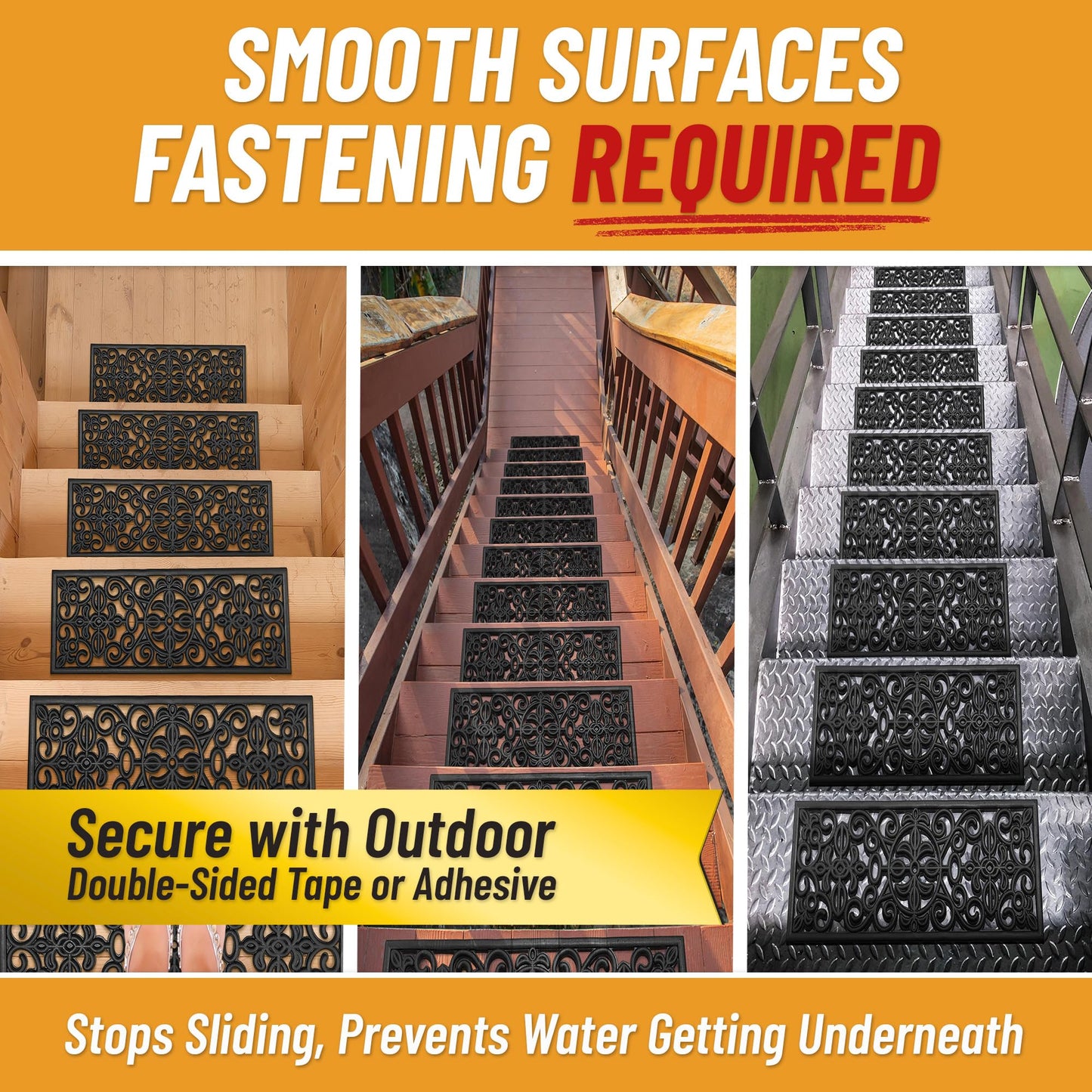 Ottomanson Outdoor Rubber Stair Treads – Scroll Classic Heavy-Duty Non-Slip Stair Mats – Best Grip on Concrete, Brick & Textured Step – Fastening Recommended for Wooden & RV Steps, Pack of 5