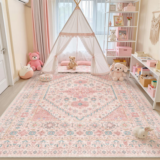 zesthome 8x10 Area Rugs for Girls Bedroom, Non-Slip Backing Washable Rugs, Vintage Large Pink Rug, Stain Resistant Nursery Room Rug (Pink/Blue,8'x10')
