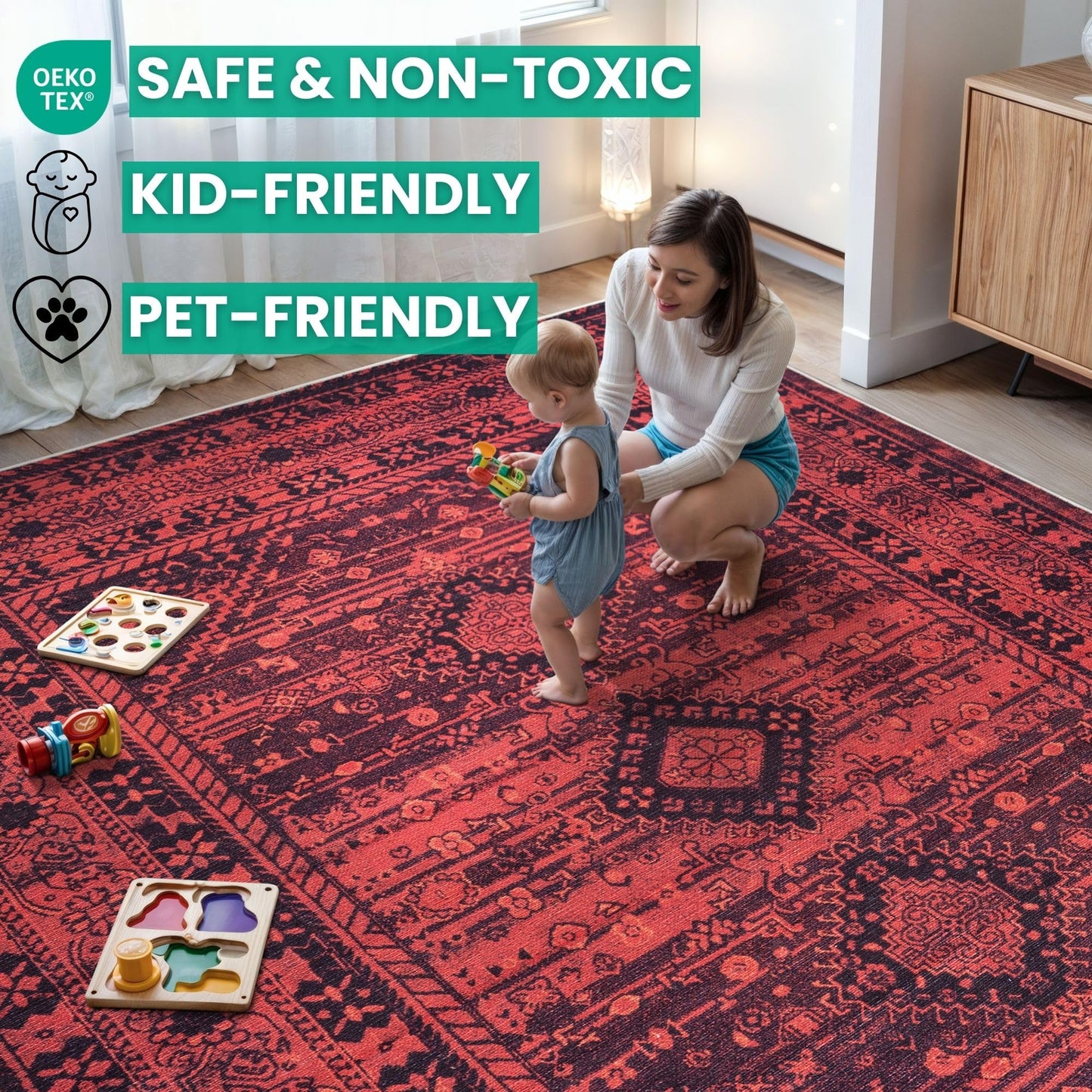 Bloom Rugs Washable Non-Slip 5' x 7' Rug - Red Traditional Bordered Area Rug for Living Room, Bedroom, Dining Room, and Kitchen - Exact Size: 5' x 7'