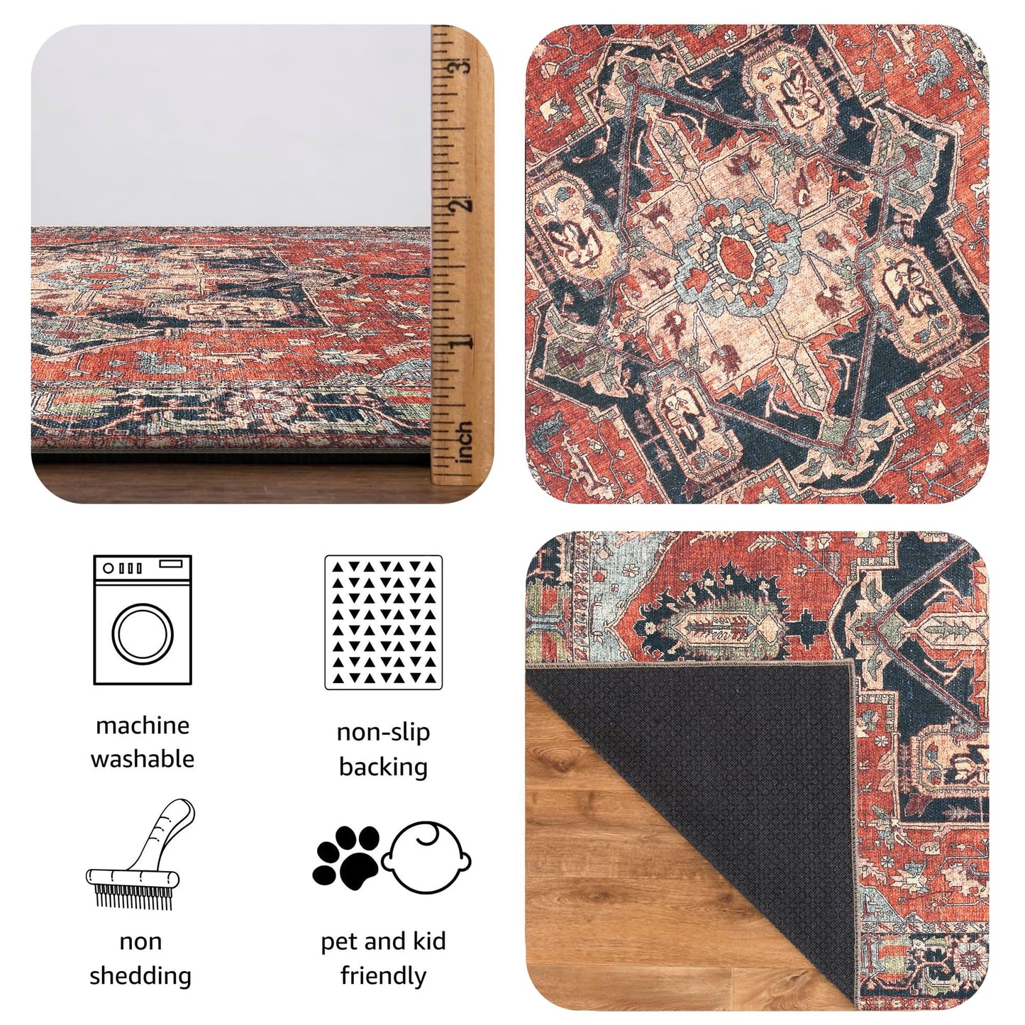 Keen Home Design 3x5 Rug - Machine Washable Entry Rug with Non-Slip Backing, Ideal for Enteryway, Kitchen, Bathroom, Laundry Room - Vintage, Easy Clean, Durable, Low Pile Rug - (3' x 5')