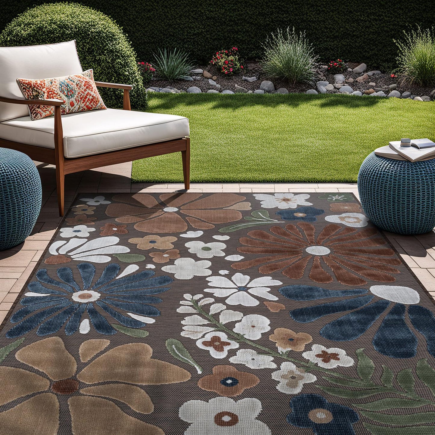 Beverly Rug Outdoor Rug 8x10 Modern Floral Tropical Area Rugs for Outdoor and Indoor Patio Easy to Clean Non Shedding Living Room Porch Garden Washable Outside Carpet (8 x 10 Brown)