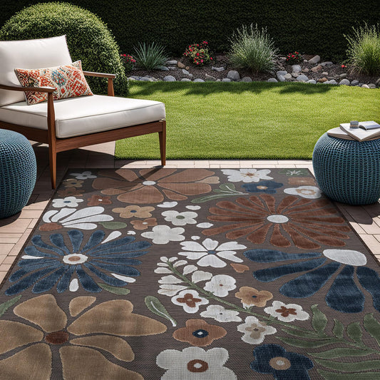 Beverly Rug Outdoor Rug 8x10 Modern Floral Tropical Area Rugs for Outdoor and Indoor Patio Easy to Clean Non Shedding Living Room Porch Garden Washable Outside Carpet (8 x 10 Brown)