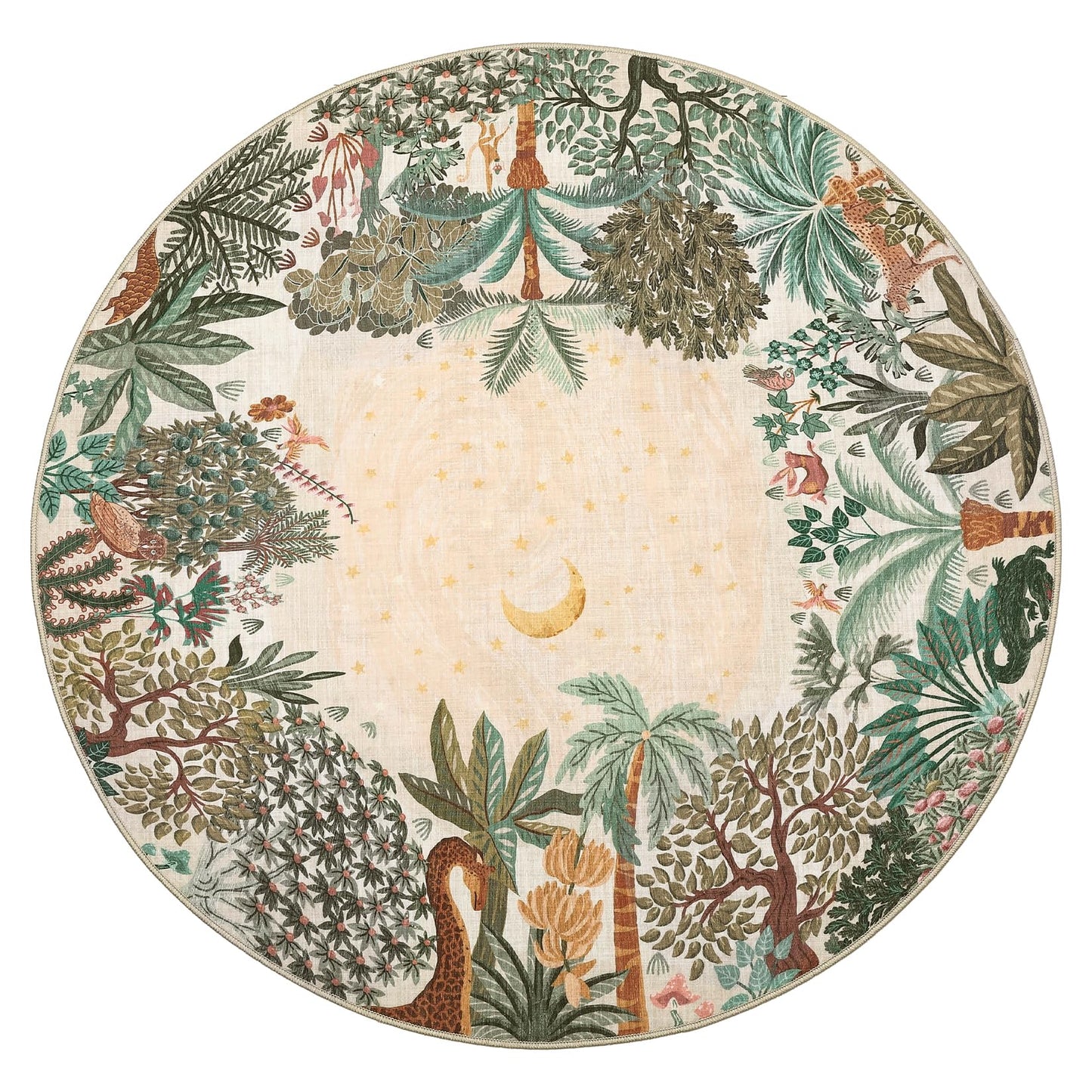 GarveeHome Round Area Rugs 4ft for Kids Room, Beige Jungle Washable Circle Rug Soft Non Slip Forest Animal Print Floor Mat Tiger Carpet Indoor Thin Tent Rug for Bedroom Dining Room Playroom Nursery