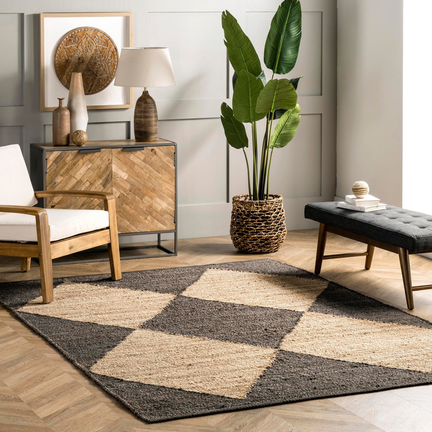 nuLOOM Pandora Diamond Jute Area Rug - 4x6, Global Inspired Black/Ivory Neutral Rug for Dining, Living, Kitchen
