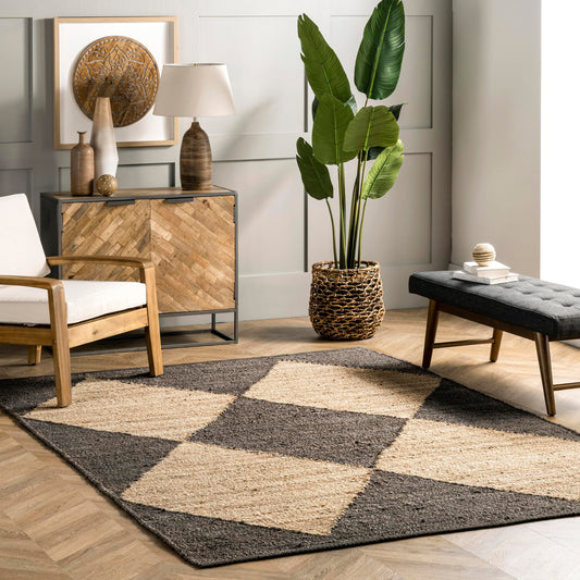 nuLOOM Pandora Diamond Jute Area Rug - 3' x 5' Black/Ivory Jute Accent Rug for Dining Room, Living Room, Entryway, Kitchen