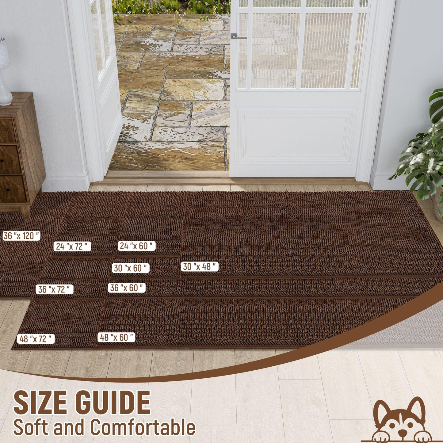HOMEK Absorbent Dog Door Mat for Muddy Paws, 72" x 36" Chenille Indoor Mats for Entryway, Trap Dirt Front Door Mat Indoor Entrance Washable Non Slip Soft Brown