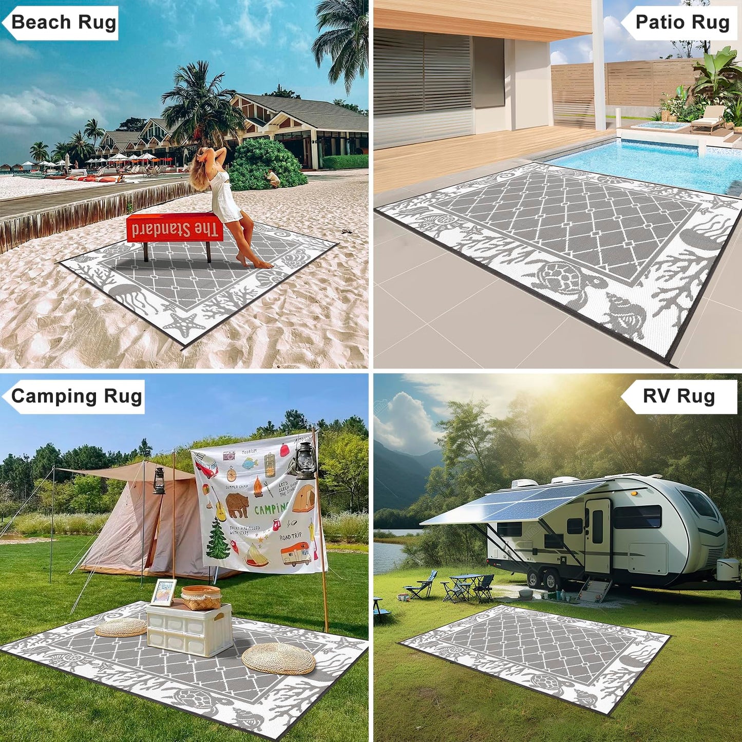 Vaukki Reversible Rugs, Plastic Straw Outdoor Doormat, Fade Resistant Plastic Outdoor Patio Mat, Lightweight Ocean Area Carpet for Patio, RV, Camping, Beach, Deck, Backyard and Picnic (Grey, 5'x8')