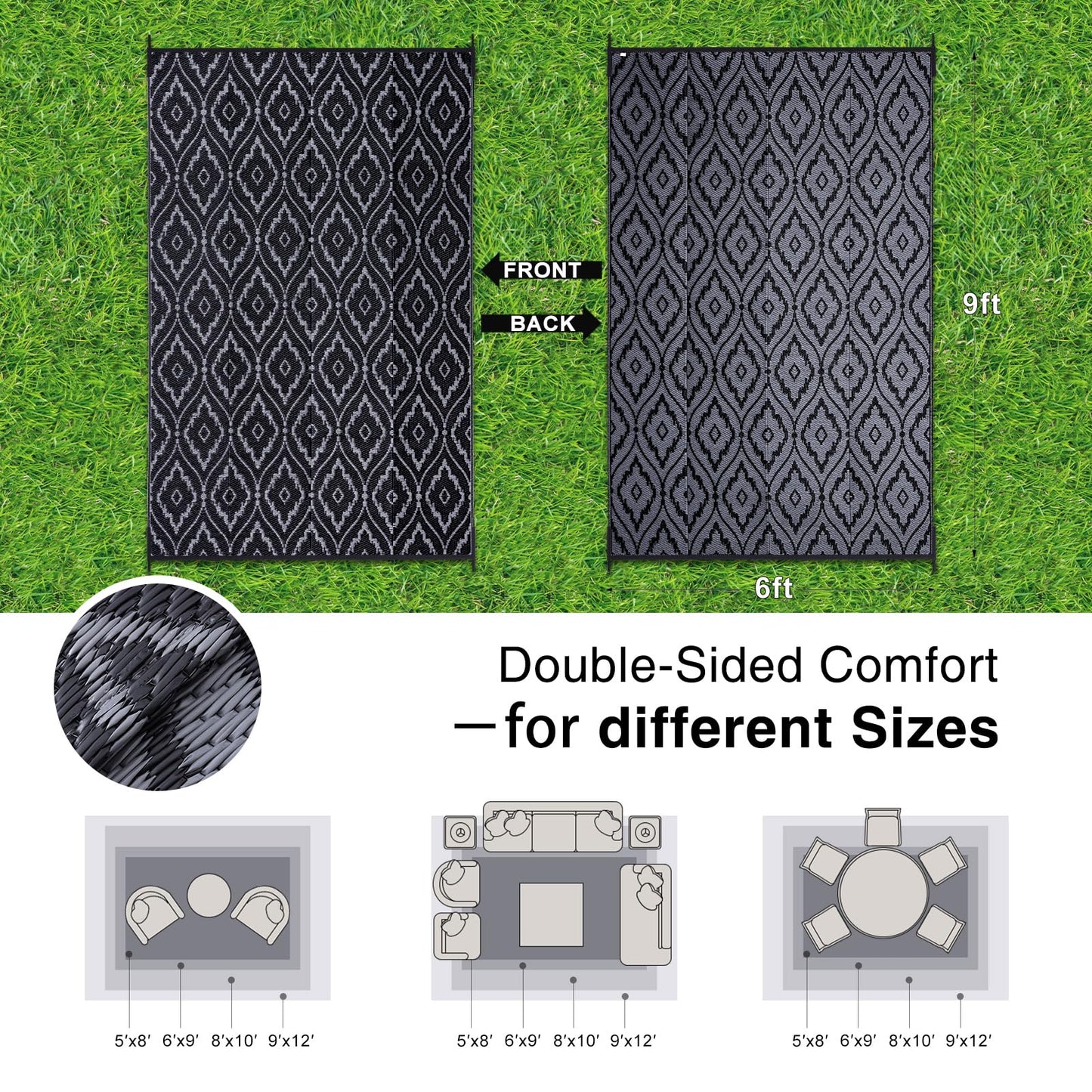 OLANLY Outdoor Rug 6x9 ft Waterproof, Outdoor Plastic Straw Rug with Geometric Pattern Clearance, Reversible RV Mat for Patio, Camping, Balcony, Deck, Backyard, Black & Grey